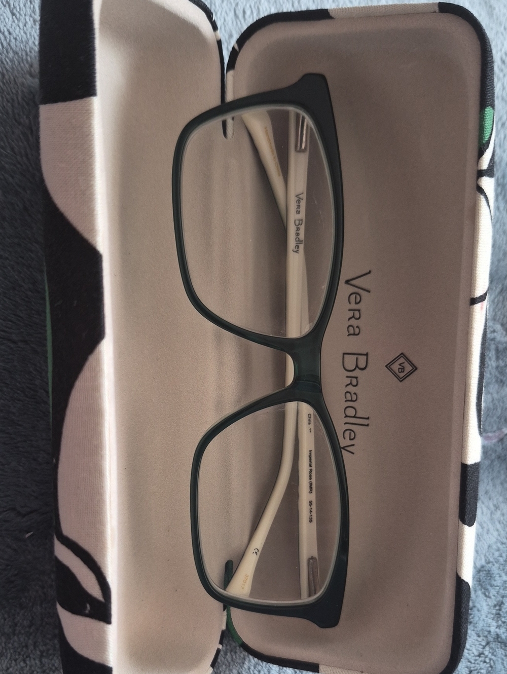Vera Bradley Dark Green Front Cream Temple Rectangular Glasses